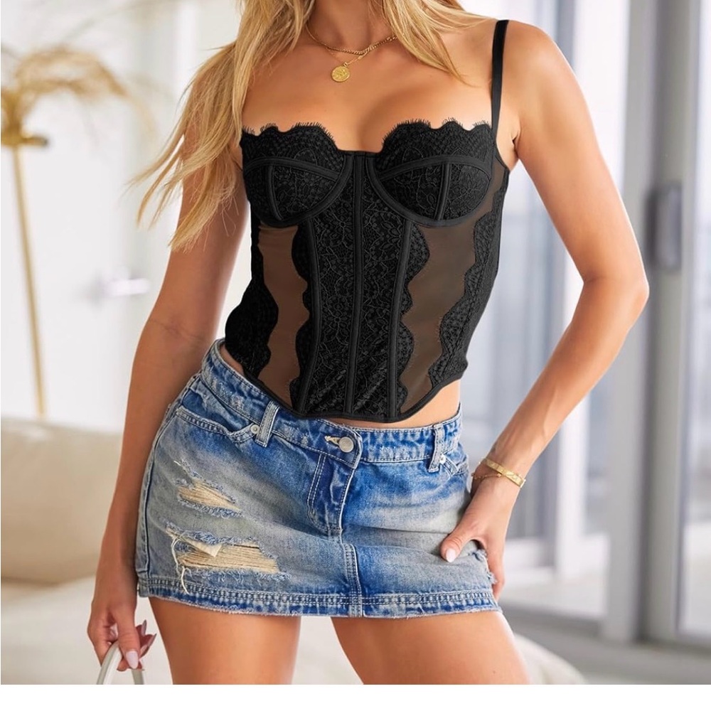 Black Lace Corset Crop Top - Women